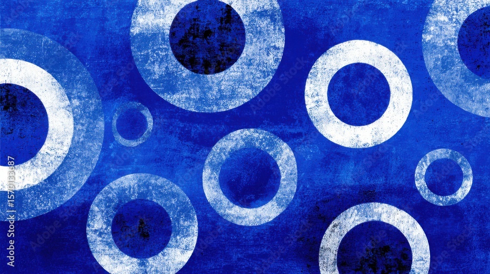 Poster a blue and white background with many circles. the circles are of different sizes and are scattered 
