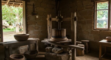 Ancient Wooden Fruit Press in Rustic Stone Room: A Glimpse into Traditional Farming