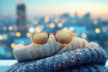 Sunglasses on Knitted Sweaters with Cityscape Bokeh Background, Fashion and Lifestyle Concept.