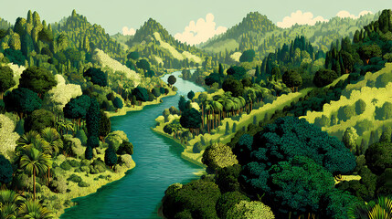 fractured iconography. | sharp edge masking | mid-century advertising | brutalist graphics | Winding river through lush green forest nature graphic art high-resolution silk screen print style.