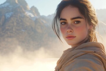 Portrait of a Young Woman with Freckles and Mountains in the Background, Natural Light