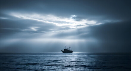 A lonely ship sailing through a dramatic storm on the ocean.