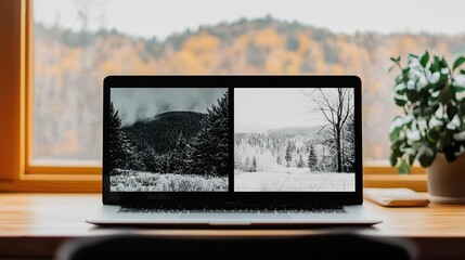 Fototapeta premium Man using AI photo restoration software to fix an old black-and-white image, laptop screen with slider comparison