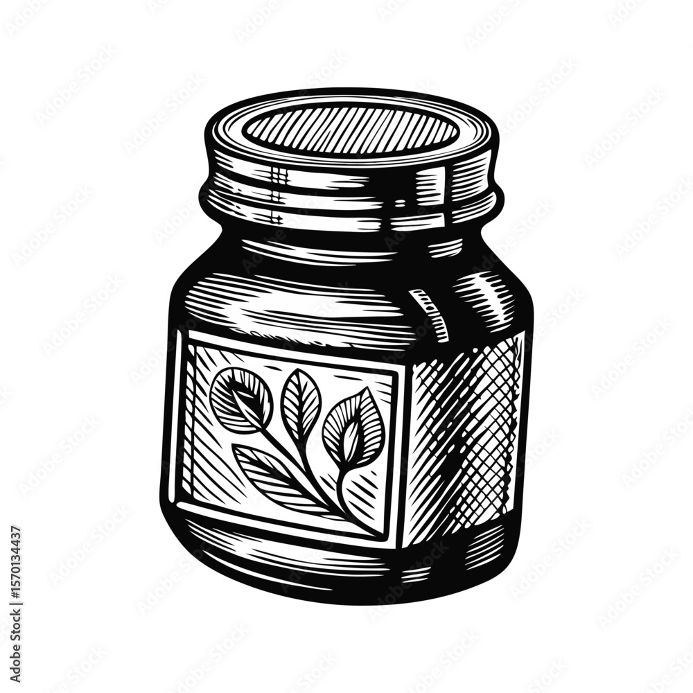 Poster jar with botanical label in a hand-drawn engraving style for rustic charm. this jar with botanical l