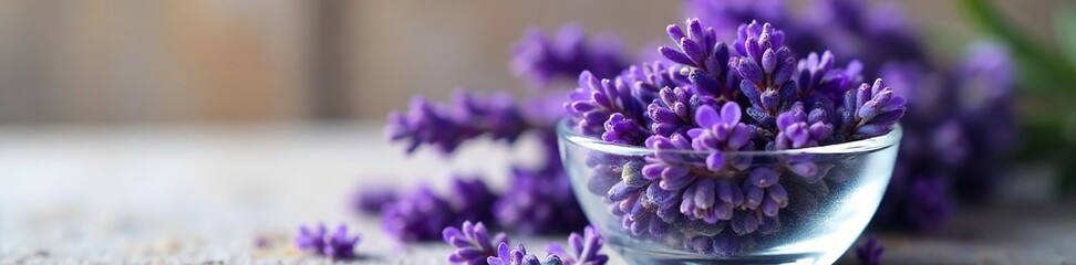 Calming Lavender Buds and Flowers in Glass Bowl Perfect for Relaxation and Wellness Imagery