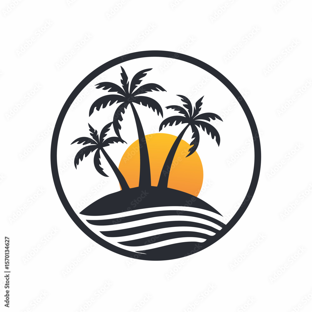 Fototapete island logo design with coconut trees and sunset vector image isolated on white background.
