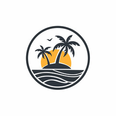 Island Logo Design with Coconut Trees and Sunset vector image isolated on white background.