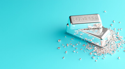Shiny platinum bars with nuggets on teal background with empty space. Luxury precious metal concept