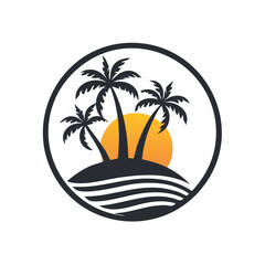 Island Logo Design with Coconut Trees and Sunset vector image isolated on white background.