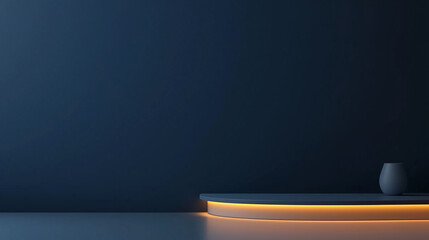 Minimalist dark blue background with illuminated podium and vase for banners design and product display