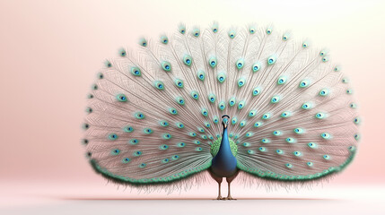 Elegant peacock with vibrant plumage display on soft pastel background