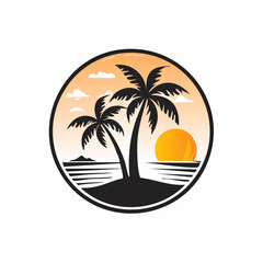 Island Logo Design with Coconut Trees and Sunset vector image isolated on white background.