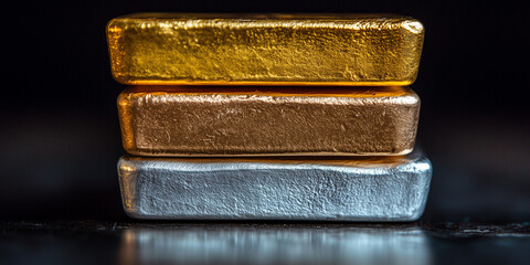 Stacked gold, silver, and copper bars on black background. Mining, metals market and investment in commodities themes