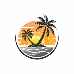 Island Logo Design with Coconut Trees and Sunset vector image isolated on white background.