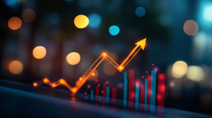 Glowing upward arrow graph illustrating dynamic business growth for financial success and strategy visualization