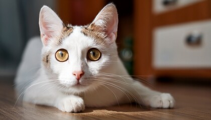 a white spotted cat with an inquisitive look is lying on the floor in the room