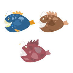  Set of Angel fish vector illustration,Deep fish isolated on transparent background,,monkfish hand drawn illustration