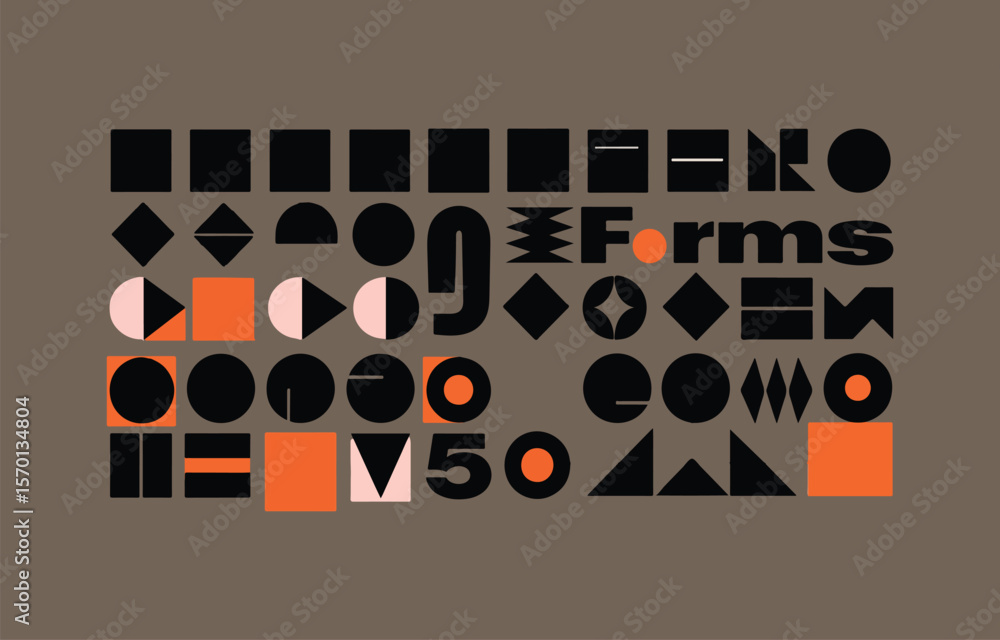 Poster a graphic design composition featuring a collection of abstract geometric shapes and letters in blac