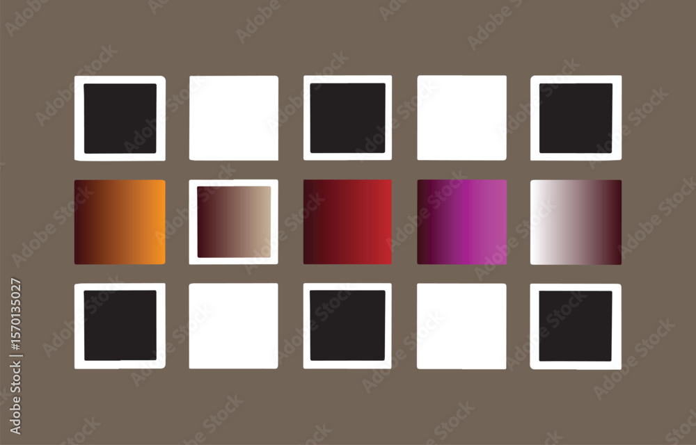 Poster a grid of twelve square frames on a brown background with some frames containing colorful gradients 