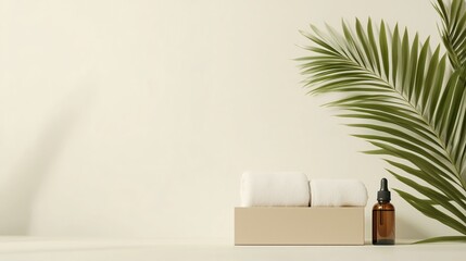 Spa essentials featuring towels and a dropper bottle arranged near a lush palm leaf in a serene environment