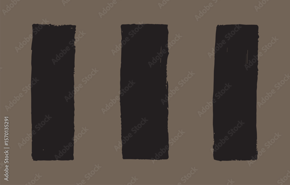 Poster three textured black vertical bars with rough edges are evenly spaced on a muted brown background cr