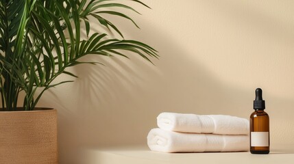 Relaxing spa setting with towels and essential oil near a decorative plant in a tranquil environment