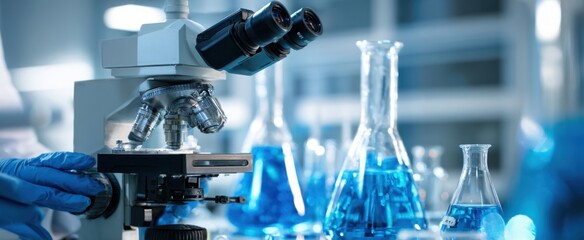 The microscope sitting in a modern laboratory surrounded by blue glassware.