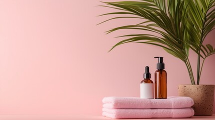 Home spa setup featuring natural skincare products, soft towels, and a potted plant against a pink backdrop