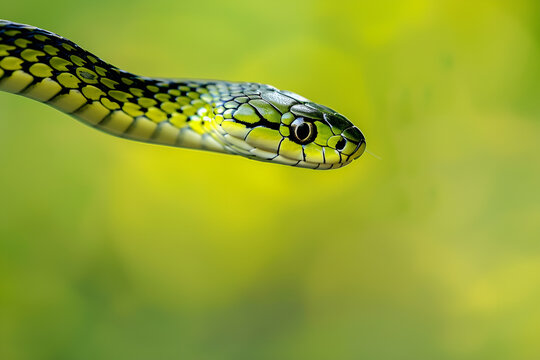 Zbliżenie na węża o zielonej sk&oacute;rze na tle rozmytego tła