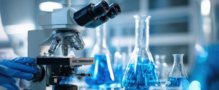The microscope sitting in a modern laboratory surrounded by blue glassware.