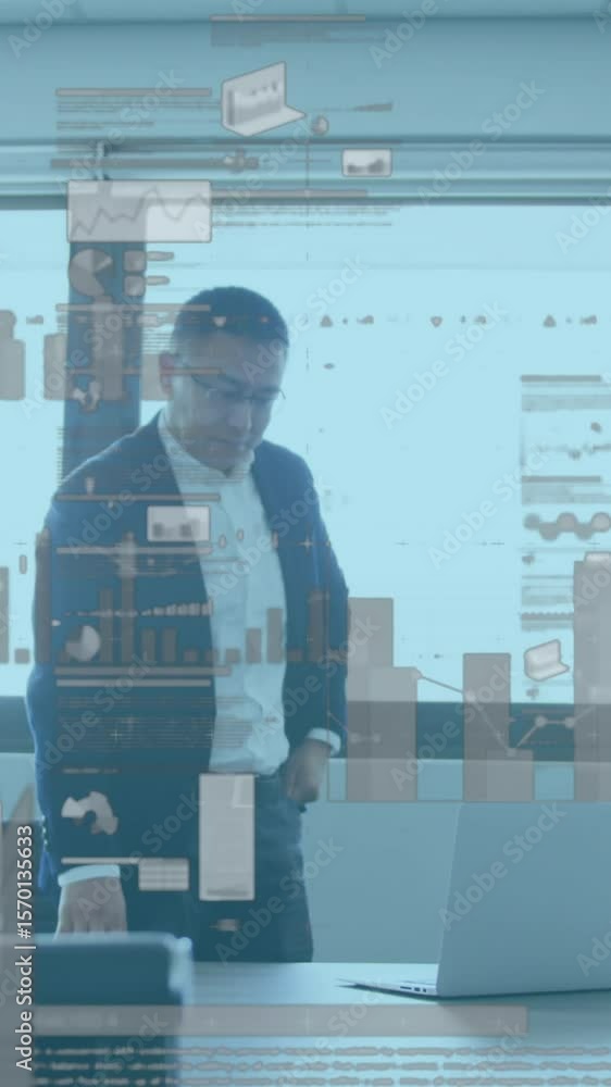 Poster animation of statistics and financial data processing over businessman using laptop