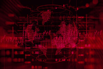 Obraz premium Concept of global financial markets with digital world map, falling stock market charts, and economic data in red colors. Economic downturn, financial crisis and stock market crash.