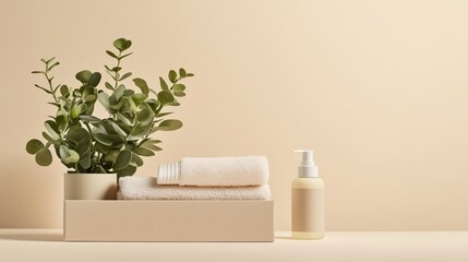 Neatly arranged bathroom essentials with greenery on a soft beige background in a tranquil setting