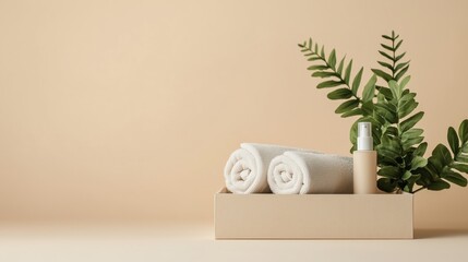 Spa accessories arranged for a relaxing home wellness experience with towels, a spray bottle, and greenery on a neutral background