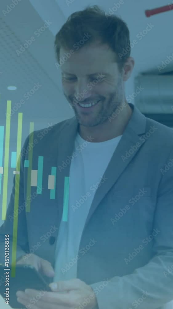 Poster animation of multicolored graphs over diverse coworkers standing and discussing in office