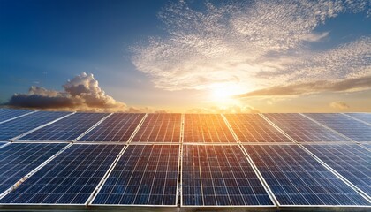 field of solar panels under a bright sky with fluffy clouds and the shining sun