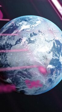 Animation of globe, graphs and computer language over globe against black background