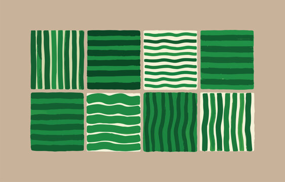 Abstract pattern of green and cream stripes and wavy lines arranged in a grid on a beige background evoking a sense of organic design and natural textures