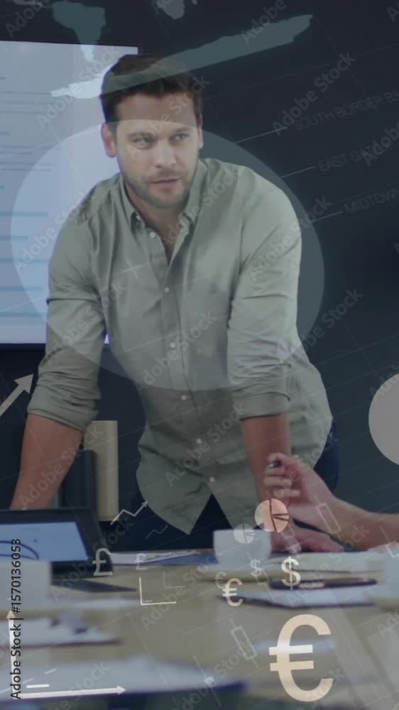 Poster animation of infographic interface over diverse businessman discussing project with colleagues