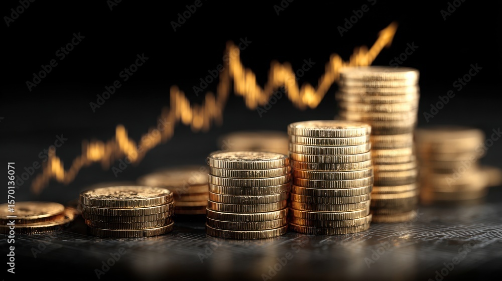 Poster a stack of gold coins on a table with a graph in the background. the graph shows a rising trend, whi