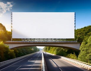 hyper realistic photo of horizontal blank advertising poster billboard banner mockup on overhead bridge on main road plants and tress in background for ooh out of home media