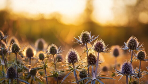 eryngium campestre or field eryngo stalks against blurred sunlight background