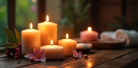 Aromatic Candles Create a Warm, Inviting Glow on Wooden Table, Perfect for Relaxation, Spa Treatments, and Serene Atmosphere. Firelight Ambiance, Cozy Home Decor.
