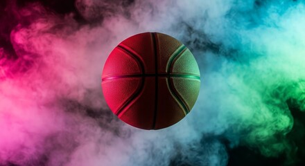 Basketball floating amid colorful smoke with dynamic lighting effects