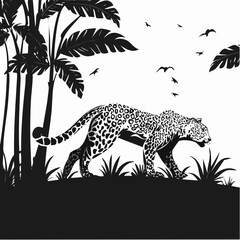 Jaguar run on jungle silhouette vector isolated on white background