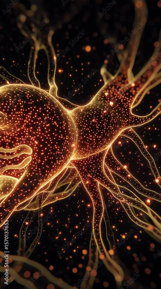 Poster videos of dark background with glowing nervous system in gold; currents pulse steadily