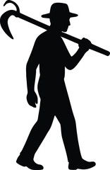 Silhouette farmer walking carrying scythe on shoulder Vector illustration