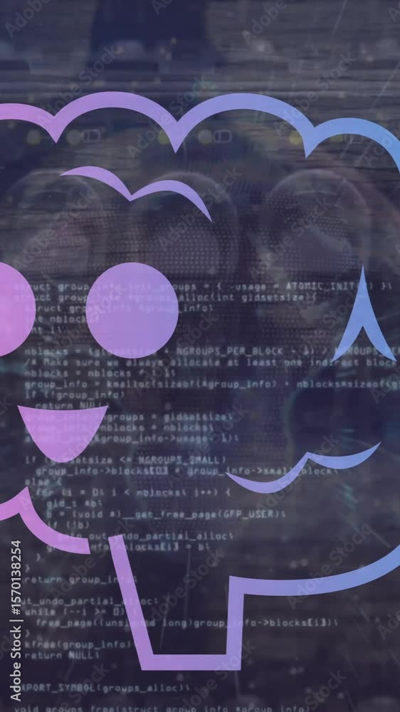 Poster animation of smiling brains over computer language against cable