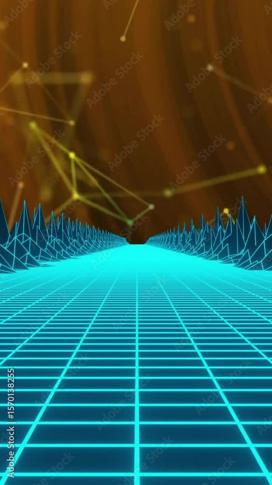 Poster animation of 3d model of mountains on grid pattern over connected dots against abstract background