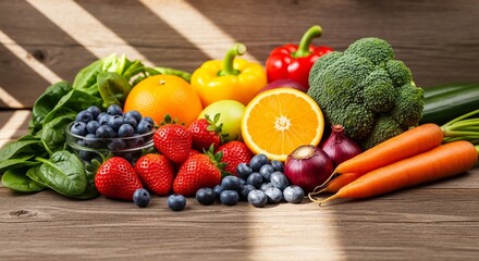 Fresh colorful fruits and vegetables assortment on wooden surface